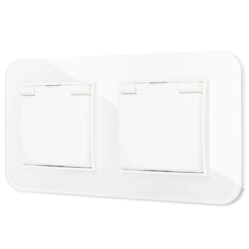 Dwa gniazda hermetyczne do łazienki z ramką zaokrągloną efekt szkła seria ICON kolor biały