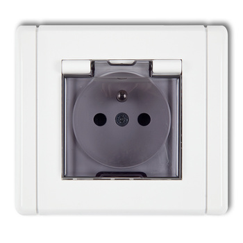 Gniazdo bryzgoszczelne z uziemieniem 2P+Z klapka dymna, przesłony torów prądowych Karlik seria FLEXI FGPB-1zdp kolor biały