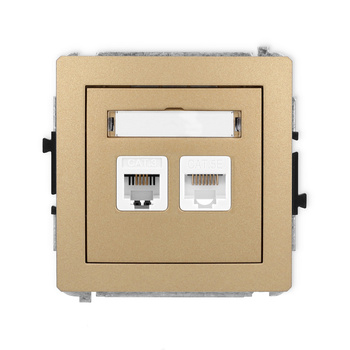Mechanizm gniazda telefonicznego pojedynczego 1xRJ11 + komputerowego pojedynczego 1xRJ45, kat. 5e, 8-stykowy, beznarzędziowe Karlik seria DECO 8DGTK kolor złoty metalik
