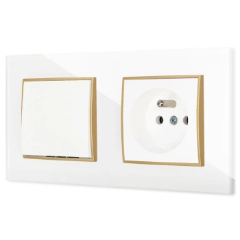 Włącznik pojedynczy z gniazdem pojedynczym z ramką kwadratową efekt szkła seria ICON kolor biały/złoty