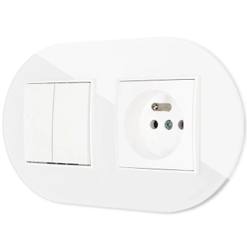 Włącznik podwójny z gniazdem pojedynczym z ramką okrągłą efekt szkła seria ICON kolor biały