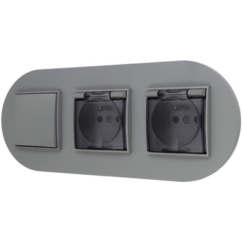 Włącznik pojedynczy i dwa gniazda hermetyczne z ramką okrągłą seria MINI kolor szary mat