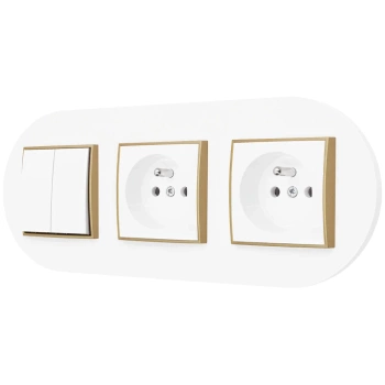 Włącznik podwójny i dwa gniazda pojedyncze z ramką okrągłą seria MINI kolor biały złoty