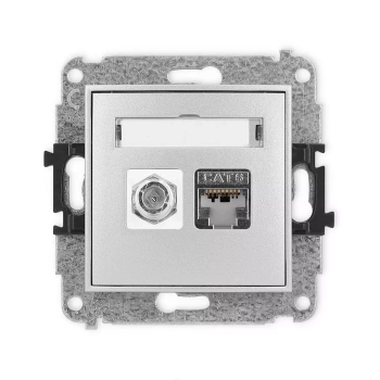 Mechanizm gniazda antenowego poj. typu F SAT + gniazda komp. poj. 1xRJ45, kat. 6 ekranowany, 8-stykowy Karlik seria ICON 7IGFK-5 kolor srebrny metalik