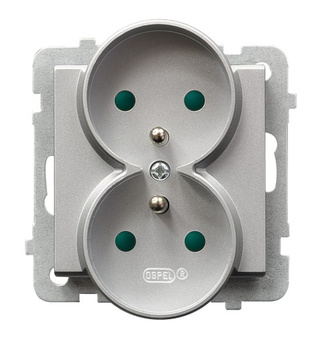 Gniazdo podwójne z uziemieniem z przesłonami torów prądowych, moduł bez ramki seria SONATA kolor Srebro mat symbol GP-2RRZP/m/38