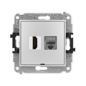 Mechanizm gniazda pojedynczego HDMI 2.1, 8K + gniazda komp. poj. 1xRJ45, kat. 8, ekranowany, 8-stykowy, bez pola opisowego Karlik seria ICON 7IGHKBO-88 kolor srebrny metalik