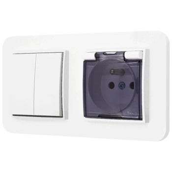 Włącznik podwójny z gniazdem hermetycznym z ramką zaokrągloną seria MINI kolor biały mat