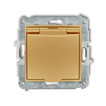 Mechanizm gniazda bryzgoszczelnego z uziemieniem 2P+Z klapka złota, przesłony torów prądowych Karlik seria MINI 29MGPB-1zp kolor złoty