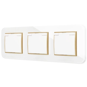 Trzy gniazda hermetyczne z ramką zaokrągloną efekt szkła seria ICON kolor biały/złoty