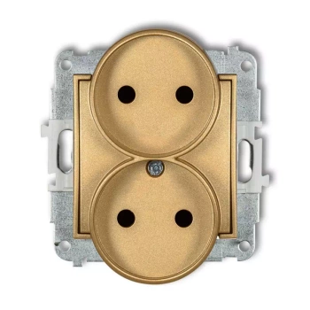 Mechanizm gniazda podwójnego do ramki bez uziemienia 2x2P z przesłonami torów Karlik seria MINI 29MGPR-2p kolor złoty