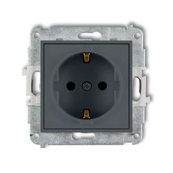Mechanizm gniazda pojedynczego z uziemieniem SCHUKO 2P+Z z przesłonami torów Karlik seria MINI 28MGP-1sp kolor grafitowy mat