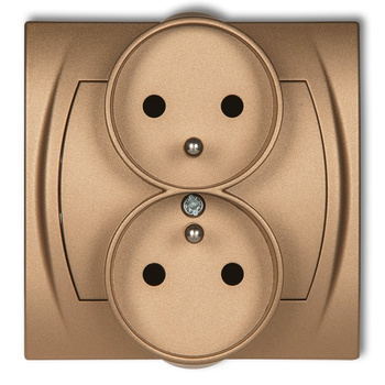 Gniazdo podwójne do ramki poziomej z uziemieniem 2x2P+Z z przesłonami torów Karlik seria LOGO 8LGPR-2zp kolor złoty metalik