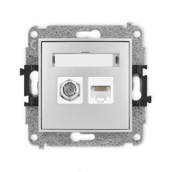 Mechanizm gniazda antenowego poj. typu F SAT + gniazda komp. poj. 1xRJ45, kat. 5e, 8-stykowy Karlik seria ICON 7IGFK-1 kolor srebrny metalik