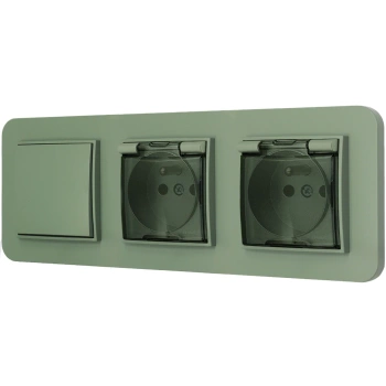 Włącznik pojedynczy i dwa gniazda hermetyczne z ramką zaokrągloną seria MINI kolor szałwiowy