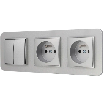 Włącznik podwójny i dwa gniazda pojedyncze z ramką zaokrągloną seria MINI kolor srebrny
