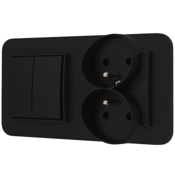 Włącznik podwójny z gniazdem podwójnym z ramką zaokrągloną seria MINI kolor czarny