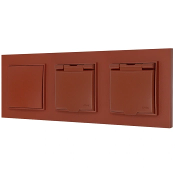 Włącznik pojedynczy i dwa gniazda hermetyczne z ramką kwadratową seria MINI kolor terakota