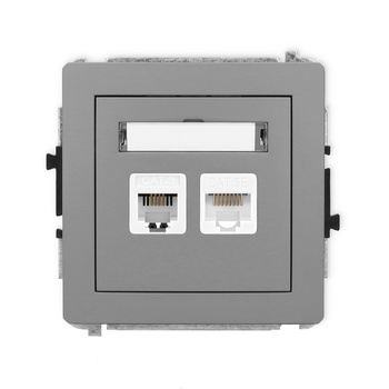 Mechanizm gniazda telefonicznego pojedynczego 1xRJ11 + komputerowego pojedynczego 1xRJ45, kat. 5e, 8-stykowy, beznarzędziowe Karlik seria DECO 27DGTK kolor szary mat