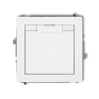 Mechanizm gniazda bryzgoszczelnego z uziemieniem 2P+Z klapka biała, przesłony torów prądowych Karlik seria DECO DGPB-1zp kolor biały