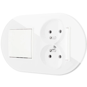 Włącznik pojedynczy z gniazdem podwójnym z ramką okrągłą efekt szkła seria ICON kolor biały