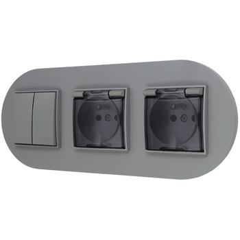 Włącznik podwójny i dwa gniazda hermetyczne z ramką okrągłą seria MINI kolor szary mat