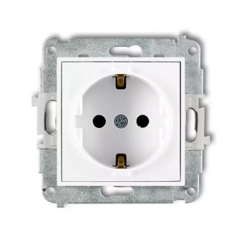 Mechanizm gniazda pojedynczego z uziemieniem SCHUKO 2P+Z z przesłonami torów Karlik seria ICON IGP-1sp kolor biały