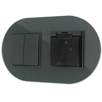 Włącznik podwójny z gniazdem hermetycznym z ramką okrągłą efekt szkła seria ICON kolor grafitowy mat