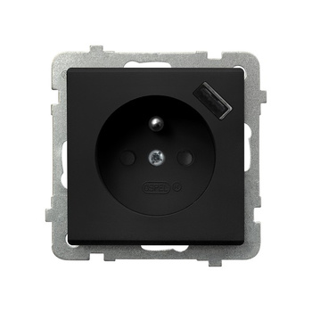 Gniazdo pojedyncze z uziemieniem z przesłonami torów prądowych, z ładowarką USB seria SONATA kolor Czarny metalik symbol GP-1RZPUSB/m/33