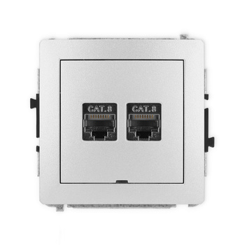 Mechanizm gniazda komputerowego podwójnego 2xRJ45, kat. 8, ekranowany, 8-stykowy, bez pola opisowego Karlik seria DECO 7DGKBO-12 kolor srebrny metalik