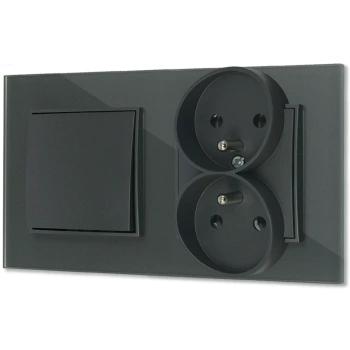 Włącznik pojedynczy z gniazdem podwójnym z ramką kwadratową efekt szkła seria ICON kolor grafitowy mat