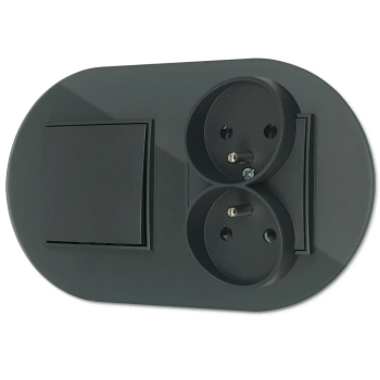 Włącznik pojedynczy z gniazdem podwójnym z ramką okrągłą efekt szkła seria ICON kolor grafitowy mat