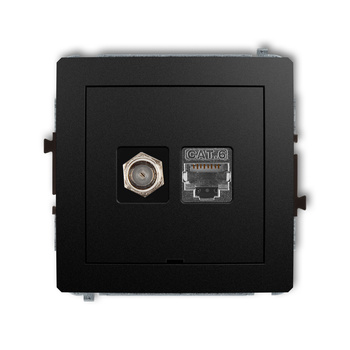 Mechanizm gniazda antenowego poj. typu F SAT + gniazda komp. poj. 1xRJ45, kat. 6 ekranowany, 8-stykowy, bez pola opisowego Karlik seria DECO 12DGFKBO-5 kolor czarny mat