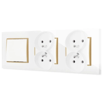 Włącznik pojedynczy i dwa gniazda podwójne z ramką kwadratową efekt szkła seria ICON kolor biały/złoty