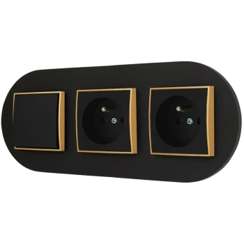 Włącznik pojedynczy i dwa gniazda pojedyncze z ramką okrągłą seria MINI kolor czarny złoty