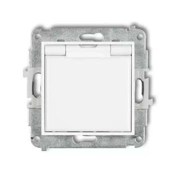 Mechanizm gniazda bryzgoszczelnego z uziemieniem 2P+Z klapka biała, przesłony torów prądowych Karlik seria MINI MGPB-1zp kolor biały