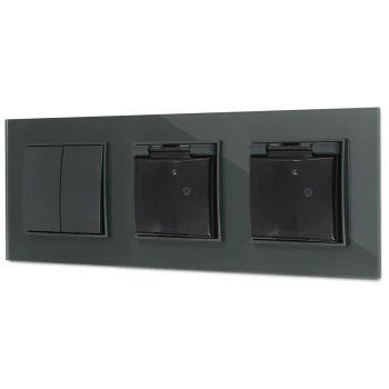 Włącznik podwójny i dwa gniazda hermetyczne z ramką kwadratową efekt szkła seria ICON kolor grafitowy mat