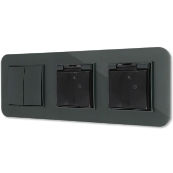 Włącznik podwójny i dwa gniazda hermetyczne z ramką zaokrągloną efekt szkła seria ICON kolor grafitowy mat