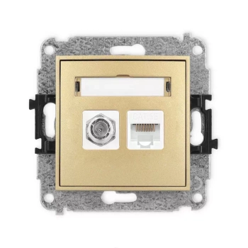 Mechanizm gniazda antenowego poj. typu F SAT + gniazda komp. poj. 1xRJ45, kat. 5e, 8-stykowy Karlik seria MINI 29MGFK-1 kolor złoty
