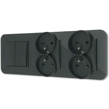 Włącznik podwójny i dwa gniazda podwójne z ramką zaokrągloną efekt szkła seria ICON kolor grafitowy mat