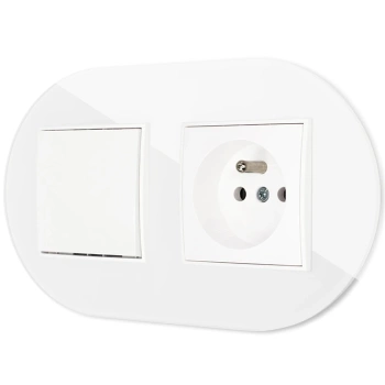 Włącznik pojedynczy z gniazdem pojedynczym z ramką okrągłą efekt szkła seria ICON kolor biały