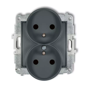 Mechanizm gniazda podwójnego do ramki z uziemieniem 2x2P+Z z przesłonami torów Karlik seria ICON 28IGPR-2zp kolor grafitowy mat