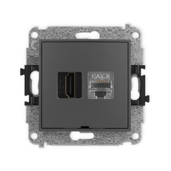 Mechanizm gniazda pojedynczego HDMI 2.1, 8K + gniazda komp. poj. 1xRJ45, kat. 8, ekranowany, 8-stykowy, bez pola opisowego Karlik seria ICON 28IGHKBO-88 kolor grafitowy mat