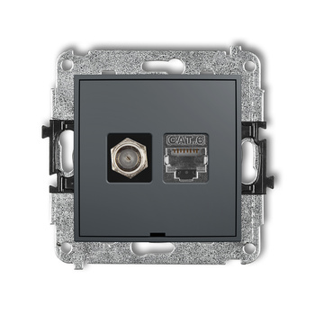 Mechanizm gniazda antenowego poj. typu F SAT + gniazda komp. poj. 1xRJ45, kat. 6 ekranowany, 8-stykowy, bez pola opisowego Karlik seria ICON 28IGFKBO-5 kolor grafitowy mat