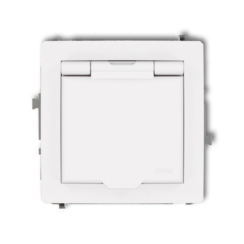 Mechanizm gniazda bryzgoszczelnego z uziemieniem 2P+Z klapka biały mat, przesłony torów prądowych Karlik seria DECO 25DGPB-1zp kolor biały mat