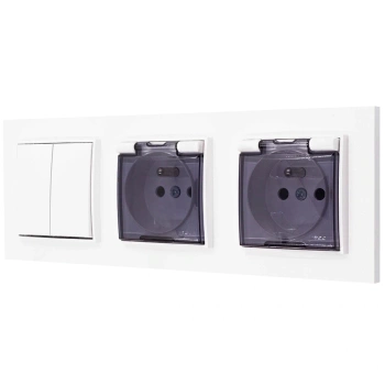 Włącznik podwójny i dwa gniazda hermetyczne z ramką prostą seria MINI kolor biały mat