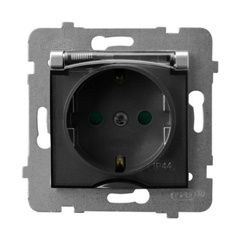 Gniazdo bryzgoszczelne z uziemieniem schuko IP-44 z przesłonami torów prądowych wieczko przezroczyste seria ARIA kolor Srebro symbol GPH-1USP/m/18/d