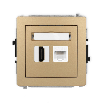Mechanizm gniazda pojedynczego HDMI 2.0, 4K + gniazda komp. poj. 1xRJ45, kat. 5e, 8-stykowy Karlik seria DECO 8DGHK-45e kolor złoty metalik