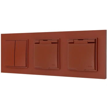 Włącznik podwójny i dwa gniazda hermetyczne z ramką kwadratową seria MINI kolor terakota