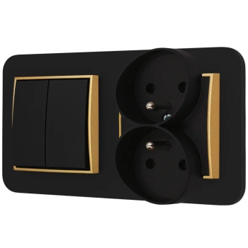 Włącznik podwójny z gniazdem podwójnym z ramką zaokrągloną seria MINI kolor czarny złoty