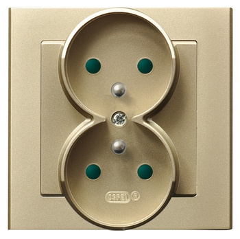 Gniazdo podwójne z uziemieniem z przesłonami torów prądowych, kompletne z ramką seria SONATA kolor Szampański złoty symbol GP-2RZP/39